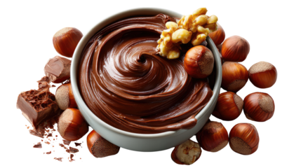 Chocolate Hazelnuts Feast: A culinary masterpiece, an appetizing dish of rich, creamy chocolate spread adorned with a symphony of whole hazelnuts and walnuts, promising pure gastronomic delight.