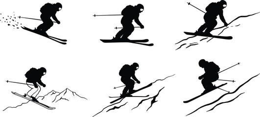 Skier silhouette illustration, downhill skiing vector, winter sport action, mountain slope, snow spray, backpack gear, dynamic motion, outdoor adventure