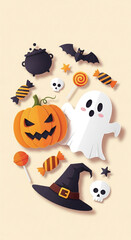 Obraz premium Halloween papercraft elements: pumpkin, ghost, bat, witch hat, candies, skulls, cauldronÂ&nbsp;Representing festive spooky theme, ideal for invitation, card, or banner design