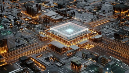 Futuristic city on a circuit board. A central CPU, glowing light, industrial cityscape