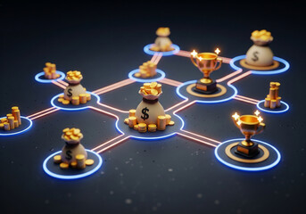 Connected network of money bags and trophies represents financial success and achievement in a modern, futuristic style.