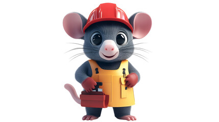 Cute Cartoon Mouse Construction Worker Mascot in Hard Hat and Overalls