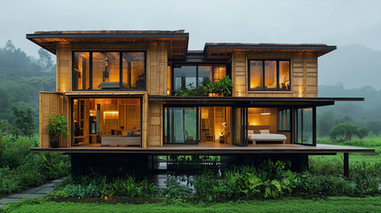 Modern Luxury Home: A contemporary, luxurious home showcases sustainable architecture amidst a tranquil, green landscape, highlighting the seamless integration of design and nature.