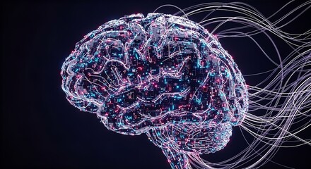 Abstract Brain Made of Tangled Glowing Circuits