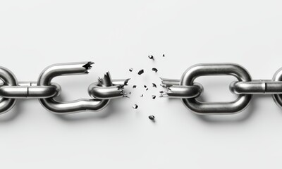 Obraz premium A metal chain with one link dramatically shattering into pieces against a clean white background, symbolizing freedom, weakness, or disruption.