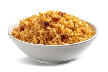 Golden rice dish with raisins in white bowl