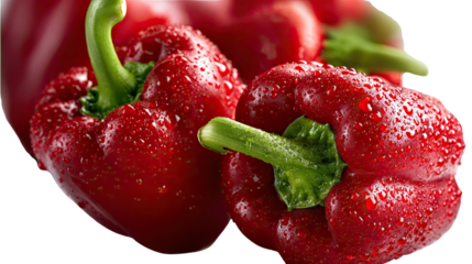 Vibrant Red Bell Pepper: A close-up shot of ripe red bell peppers, glistening with moisture, showcasing their vibrant color, freshness and succulent texture.