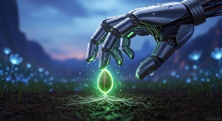 Futuristic Robot Hand Planting a Glowing Seed