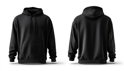 Blank black hoodie, front and back views
