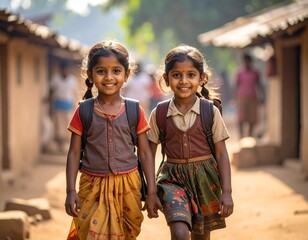 Happy Indian schoolgirl going to school in poor village.