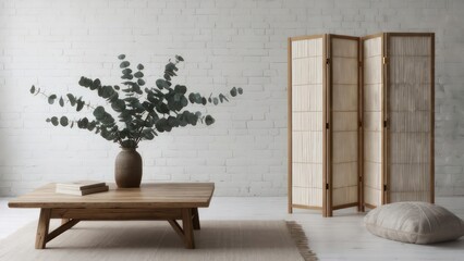 Serene modern living room vignette with eucalyptus, wooden coffee table, and shoji screen creating a peaceful minimalist sanctuary.