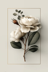 White roses with eucalyptus leaves in elegant botanical arrangement, perfect for wedding and romantic decoration concepts
