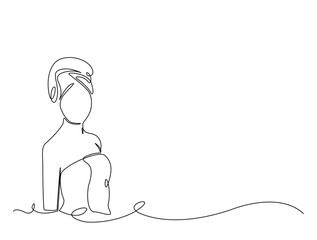 Continuous line art drawing of pretty girl with bare shoulders and towel on head. Girl with towel on head in single line art drawing vector illustration. Editable stroke.