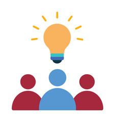 Team brainstorming and creative idea icon. A group of people with a shining light bulb symbolizing collaboration and innovation.