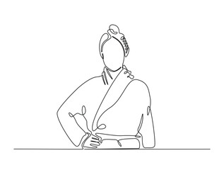 Continuous line art drawing of pretty girl wearing kimono and towel on head. Girl with towel on head in single line art drawing vector illustration. Editable stroke.