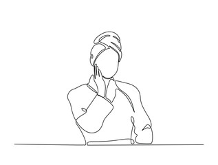 Continuous line art drawing of pretty girl wearing kimono and towel on head. Girl with towel on head in single line art drawing vector illustration. Editable stroke.
