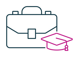 Professional career and education icon with a briefcase and a graduation cap. A line art symbol for business studies and career paths.