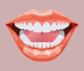 Close-up of a smiling mouth with full, pink lips and perfectly aligned white teeth, showcasing excellent dental health and cosmetic beauty	