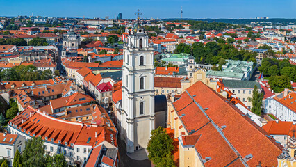 Aerial view of the bell tower of the Church of St. Johns in the University of Vilnius, the capital...