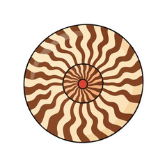 Circular design with concentric brown and beige wavy stripes, radiating from a central red dot.