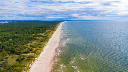 Aerial view of the a sandy beach on the coast of the Baltic Sea on the Curonian Spit near Klaipėda, Lithuania - UNESCO World Heritage Site