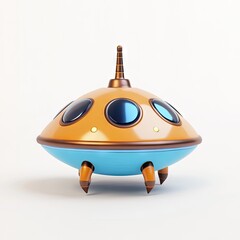 Cartoonish, light orange/brown, saucer-shaped spaceship with light teal/blue bottom, and dark blue portholes