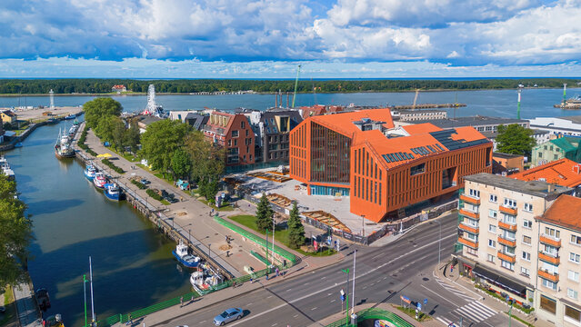 Aerial view of the construction of the Memelio Miestas new real estate development in Klaipeda Old Town on the coast of the Baltic Sea in Lithuania