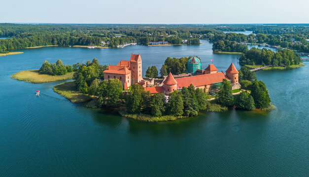 Aerial view of the Trakai Island Castle on Lake Galvė near Vilnius in Lithuania, one of the Baltic States