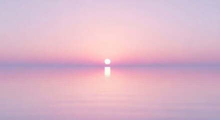Serene sunrise paints the tranquil ocean with soft pastel hues, evoking peace and new beginnings.