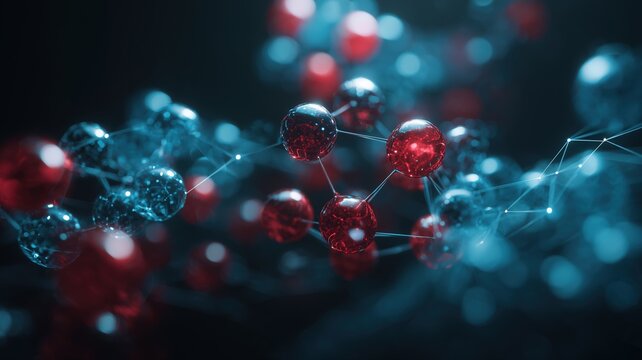 Molecular structure with red and blue atoms on dark background
