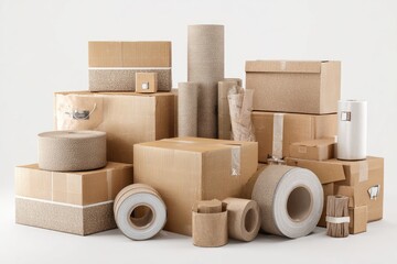 Assorted cardboard boxes, rolls, and packing materials arranged on a white background