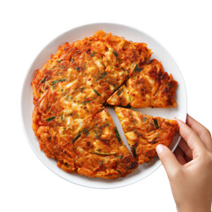  Kimchi pancake (Kimchi jeon or kimchi buchimgae) with hand ready to eating, Korean food [Transparent Background PNG].