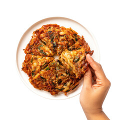  Kimchi pancake (Kimchi jeon or kimchi buchimgae) with hand ready to eating, Korean food [Transparent Background PNG].