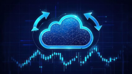 Dynamic cloud computing graphic represents data flow and financial market trends with futuristic digital interface and upward arrows showing growth.