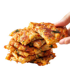  Kimchi pancake (Kimchi jeon or kimchi buchimgae) with hand ready to eating, Korean food [Transparent Background PNG].