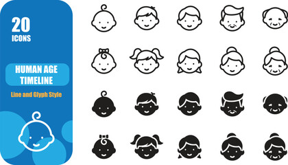 Set of minimalist line and solid icons showing human age timeline from baby, child, teenager, adult to senior, perfect for infographic, healthcare, family, and education design; vector illustration.