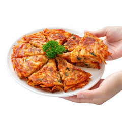  Kimchi pancake (Kimchi jeon or kimchi buchimgae) with hand ready to eating, Korean food [Transparent Background PNG].