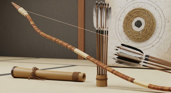 Traditional Japanese Kyudo Archery Set Featuring Bow Arrows Target and Bamboo Case