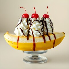 “Deluxe Banana Split” – Bananas topped with three scoops of ice cream, whipped cream, chocolate drizzle, and cherries