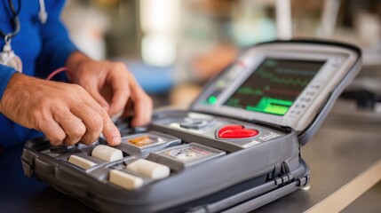 Closeup of a medical technician inspecting an AED device ensuring its battery and pads are in optimal condition while the background is softly blurred.