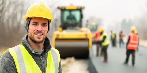The construction worker smiling confidently in front of roadwork machinery.