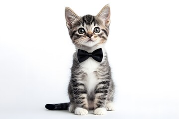 Obraz premium Cute Kitten in Bow Tie on White Background for Adorable Portrait