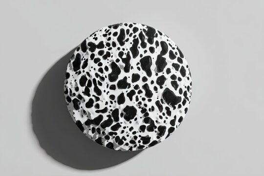 Circular, textured object, black and white, speckled design