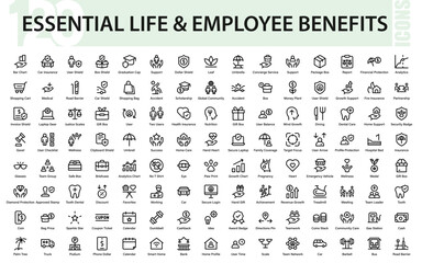 Modern essential life, business, finance, health, and community line icon set for growth, wellness, insurance, teamwork, and smart lifestyle design