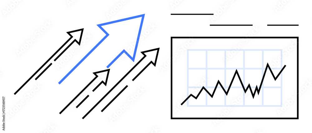 Poster arrows pointing upward alongside a line chart emphasize growth, success, and progress in performance