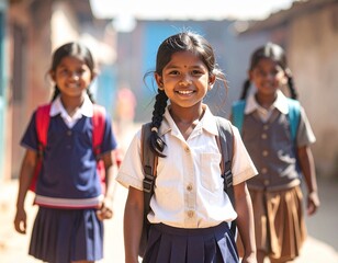 Happy Nepalese school girl going to school on sunny day.