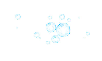 Set of realistic blue soap bubbles in various sizes. Bubbles are located on a transparent background. Water glass bubble realistic
