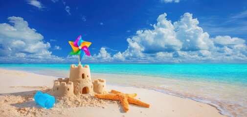 The colorful sandcastle with a pinwheel on a beautiful beach shore.