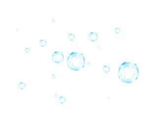 Set of realistic blue soap bubbles in various sizes. Bubbles are located on a transparent background. Water glass bubble realistic