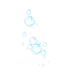 Set of realistic blue soap bubbles in various sizes. Bubbles are located on a transparent background. Water glass bubble realistic